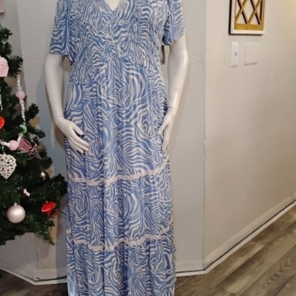 Westbound Blue & White Abstract Zebra Maxi Dress - Picture 3 of 6